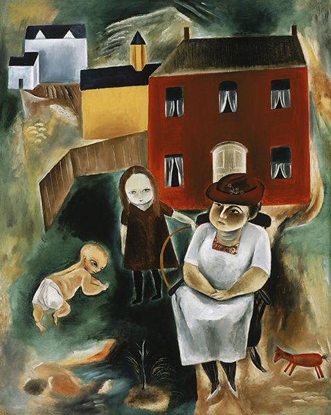 Painting by Yasuo Kuniyoshi titled Maine Family (ca. 1922–1923). A woman in white sits in a chair next to a young standing girl and crawling baby in the yard of a red house.