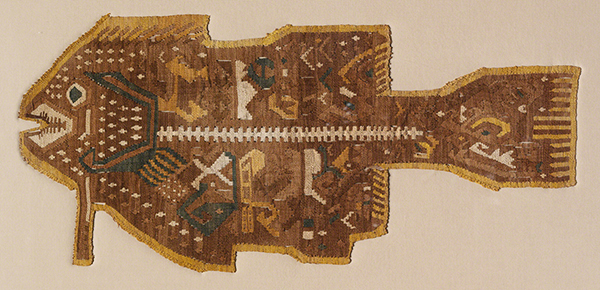 Ychsma (Pachacamac) Culture Fish-shaped Appliqué (1400–1532). X-ray fish design with abstract shapes.