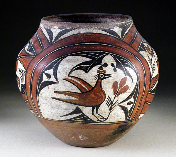 Zia Pueblo ceramic water jar (late 1800s) with bird design in red, white, and black.