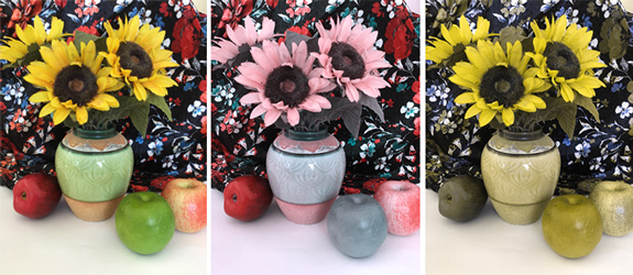 Left to right: An example of a still life as it would appear to a student without color vision deficiency. The same still life as it would appear to a student with Yellow/Blue Color Deficiency. The still life as it would appear to a student with Red/Green Color Deficiency.