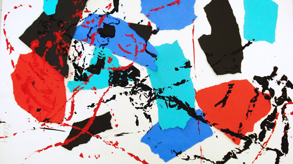 A composition made with high-contrast torn paper shapes and textured string dipped in paint to engage the senses.