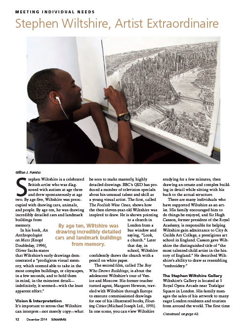 Autism Acceptance Month, Stephen Wiltshire, Artist Extraordinaire, SchoolArts magazine article