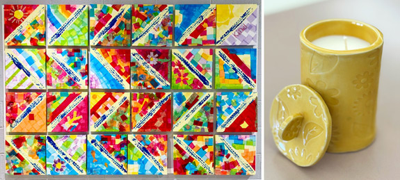 Left: A movable, interactive art piece created in collaboration with Mikaylaʼs Voice. Right: A hand-poured candle and ceramic container made for studentsʼ candle business.