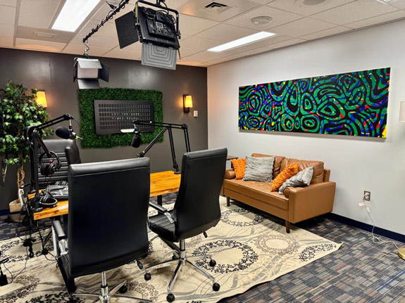 The schoolʼs podcast studio setup, where a student from the Intensive Learning Support classroom hosts the podcast Whatʼs for Dinner?