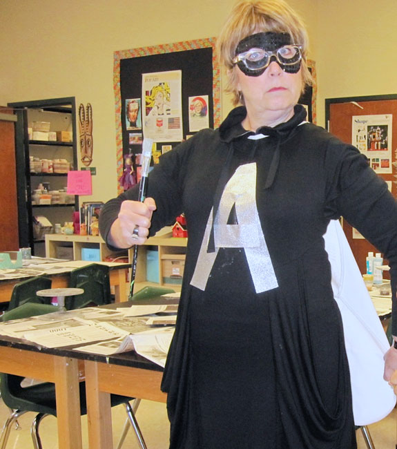 This photo from a few years ago shows Melody Weintraub gearing up for another day of teaching middle school and advocating for the arts. She still has the cape.