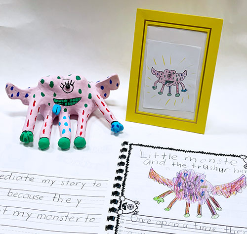 Mila, original monster drawing, grade one, and Chloe, ceramic sculpture, grade nine.