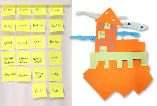 Left: Key landscape words on sticky notes. Right: Austin, Underwater Beach House, grade three.