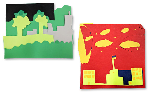 A temporary collage based on the words trees, bushes, buildings, and hills. Taras, My City, grade three.