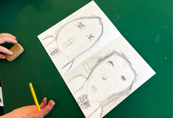 Students created two sketchbook drawings of a classmate, focusing on happiness (the green zone) and anger, the red zone