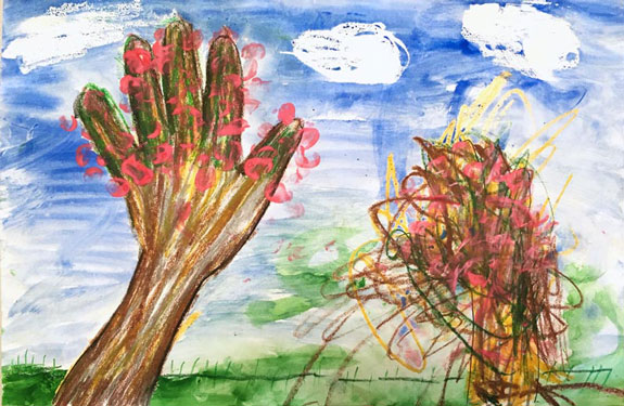 Lauralie and Karine, collaborative cherry blossom painting.