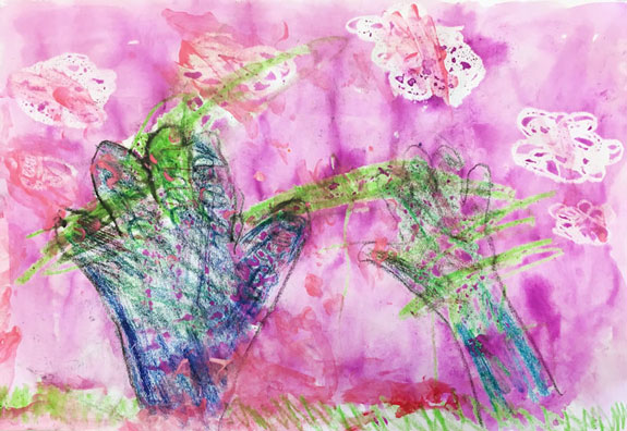 Julia and Monica, collaborative cherry blossom painting.