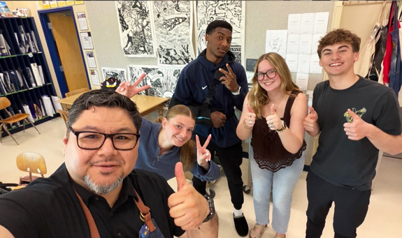 A progression triptych featuring Frank Juárez and his homeroom students, with photographs taken annually from sophomore year through graduation.