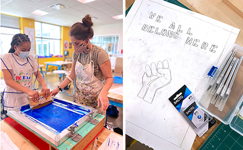 Left: Jocelyn S., grade five, screenprints with visiting artist Delilah Knuckley of Bibliographia, photo by Ariel Kay. Right: Max, We All Belong Here, work in progress.