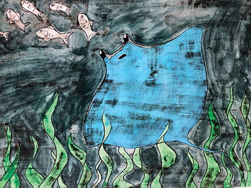 Student artwork from Underwater Worlds, an Elementary art lesson