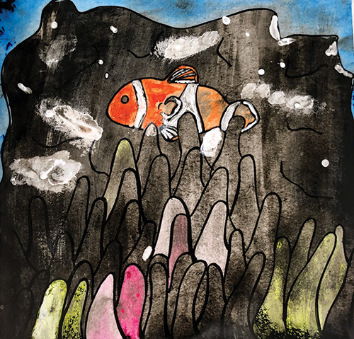 Student artwork from Underwater Worlds, an Elementary art lesson