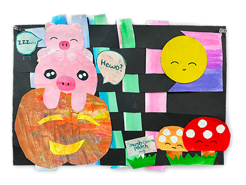 A whimsical painted paper collage from the article Unwanted Artwork Olympics in which elementary students participate in an art challenge utilizing discarded works to create something new
