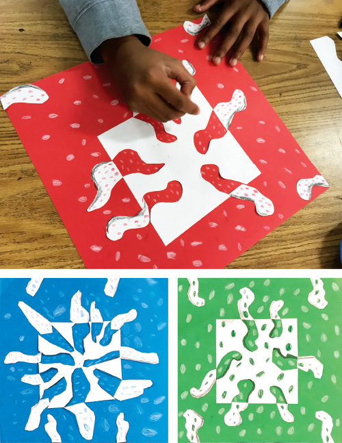 Student artwork from Yayoi Kusama and Notan Mashup, an Elementary art lesson