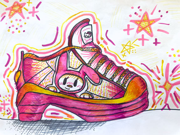 Student artwork from a sneaker design challenge—a lesson that was crafted for a substitute teacher.