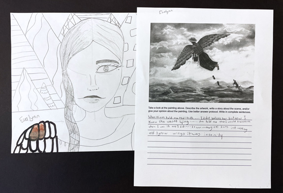 Evalynn, writing assignment and drawing inspired by an art study.