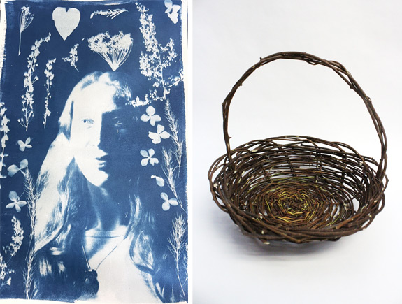 Left: Margaret, cyanotype portrait with foraged materials, grade eleven. Right:  Lucas, Bittersweet Basket, grade twelve, foraged invasive bittersweet woven with traditional methods.