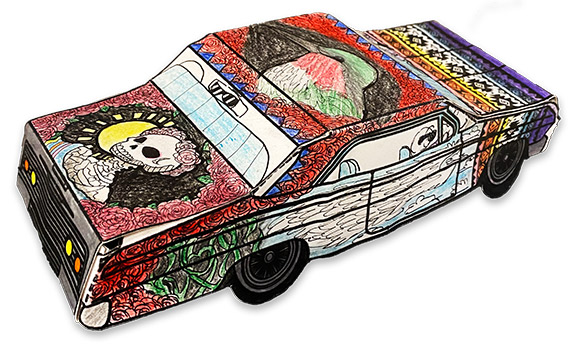 This studentʼs lowrider design features personally meaningful motifs.