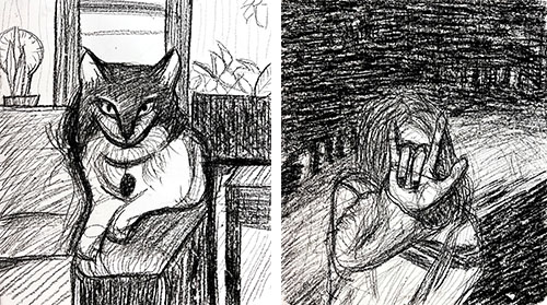 Left: Lucia H., charcoal drawing. Right: Cayley S.