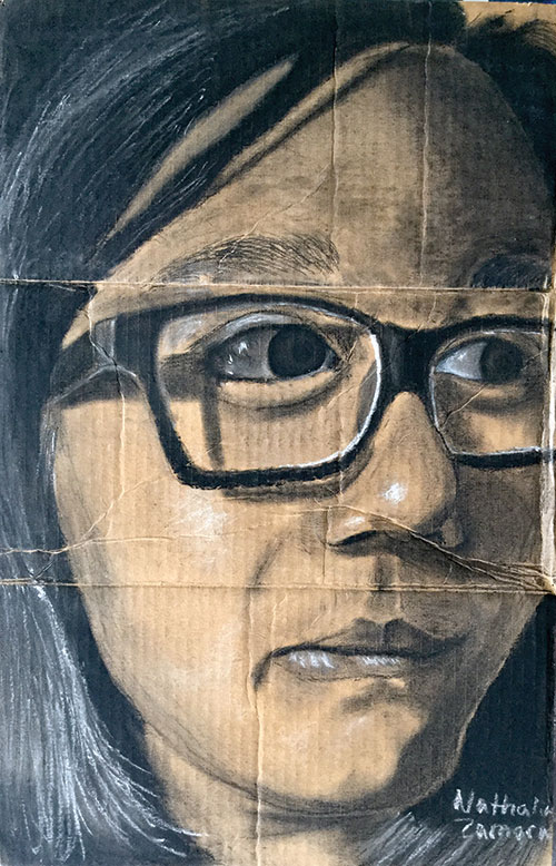 Student artwork from Charcoal Cardboard Self-Portraits, a High School art lesson
