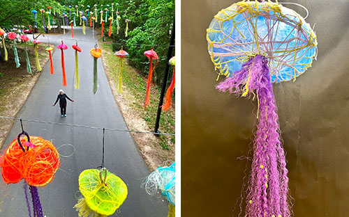 Left: Artist and retired art teacher Bryant Holsenbeck takes a stroll through the finished installation. Right: Students created the jellyfish from marine rope and fishing line reclaimed from the Atlantic.