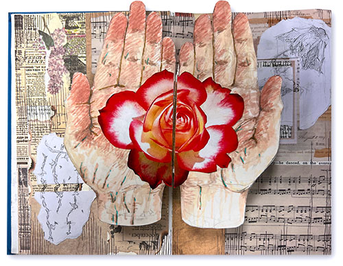 Collage with hands holding a rose from the article, Choice Sketchbooks.