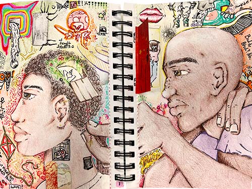 Collage with doodles and two hand-drawn faces from the article, Choice Sketchbooks.