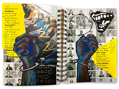 Collage with found images and two fists breaking a chain from the article, Choice Sketchbooks.