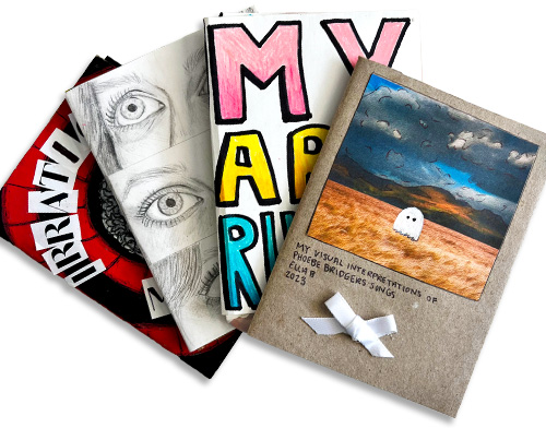 Zines by Allison P. (grade eleven), Lilah D. (grade nine), Addison L. (grade twelve), and Ella B. (grade eleven).