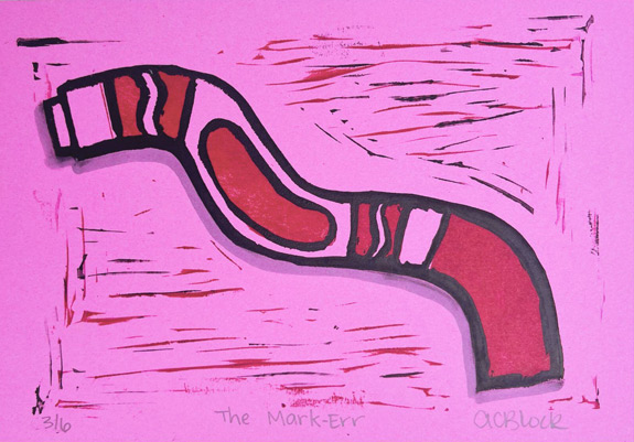 Chrissy Block, The Mark Err, 2024. Linoleum relief print. Cranfield Caligo Safe Wash Relief Ink on 90-lb printmaking paper