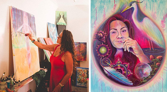 Raine Valentine sets intentions and intuitively moves color with her hands as she paints the energy she feels.