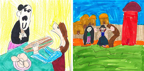 Illustrated scenes from Ra Pu Zel and the Stinky Tofu, from The Illustration Game, SchoolArts, December 2024.