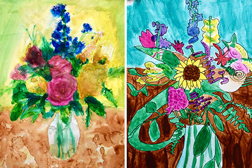 Middle-school flower still life paintings from An Art Lesson from a Florist.