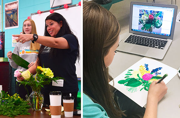 Local florist Amber Raymond and her assistant Kayla visit the art room. Karoline works from a gridded photo of the original flower bouquet.