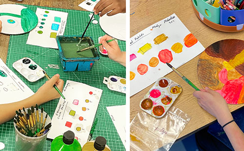 Students create expanded palettes from three initial colors. Right: Midge M., grade eight, uses her expanded palette to unify her color scheme.