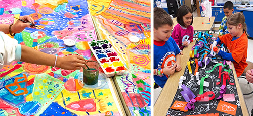 Left: Students paint large, colorful designs during an expanded collaboration inspired by Romero Britto. Right: Parker, Ella, Zain, and Kaylie work on an abstract paper collaboration.