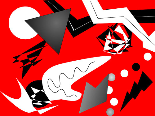 Abstract design with black and white shapes on red background, from the art lesson, Collaborative Learning through Design.