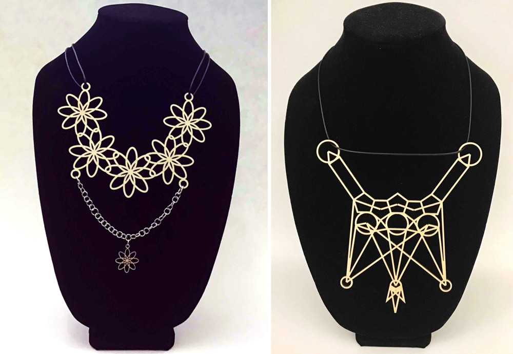Student artwork of pendants featured in the middle-school art lesson about laser-cutter design.