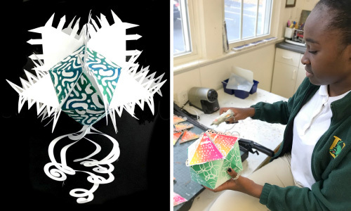 middle school art lesson, paper icosahedrons, student art