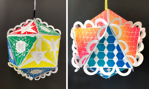 middle school art lesson, paper icosahedrons, student art
