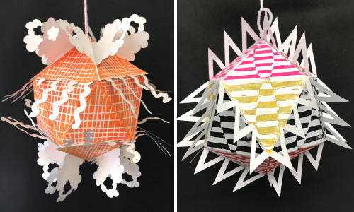 middle school art lesson, paper icosahedrons, student art
