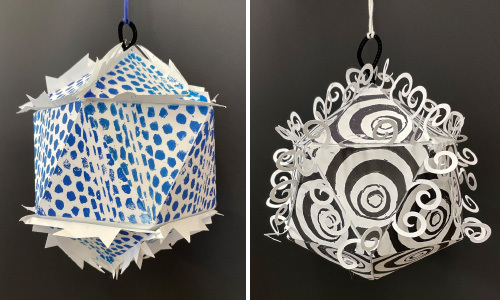 middle school art lesson, paper icosahedrons, student art