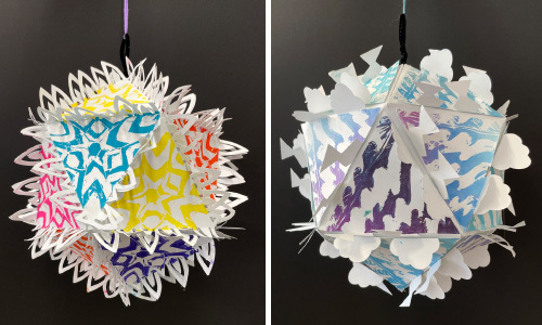 middle school art lesson, paper icosahedrons, student art