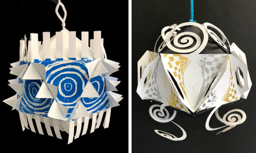 middle school art lesson, paper icosahedrons, student art