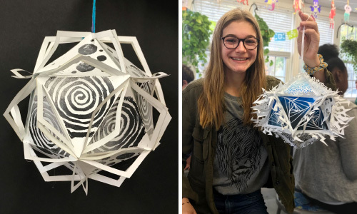 middle school art lesson, paper icosahedrons, student art