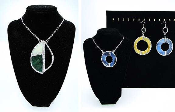 Left: Eunice Joy M., stained-glass necklace. Right: Jay P., stained-glass necklace and earrings.
