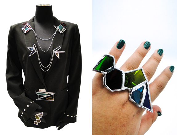 Left: Valentina Arciniegas G, stained-glass lapel pins, brooch, and ring. Right: Valentina Arciniegas G., stained-glass ring.